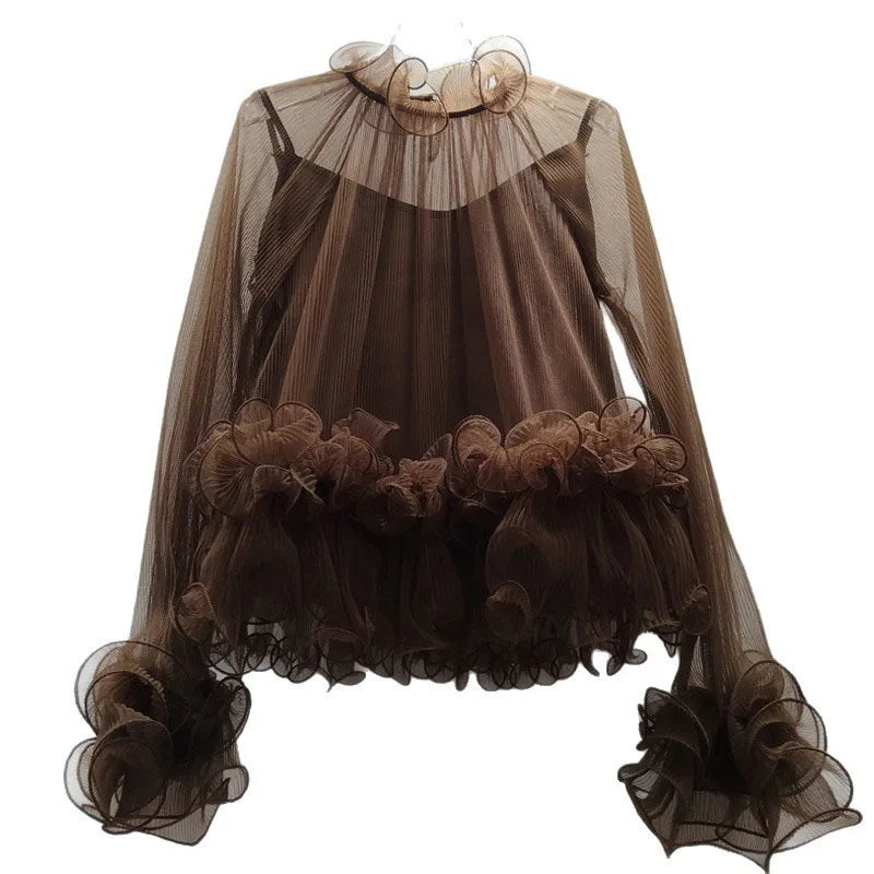 2026 Early Spring New French Style Elegant Ruched Lace Inner Camisole Chiffon Blouse For Women Versatile Shirt 1A2228