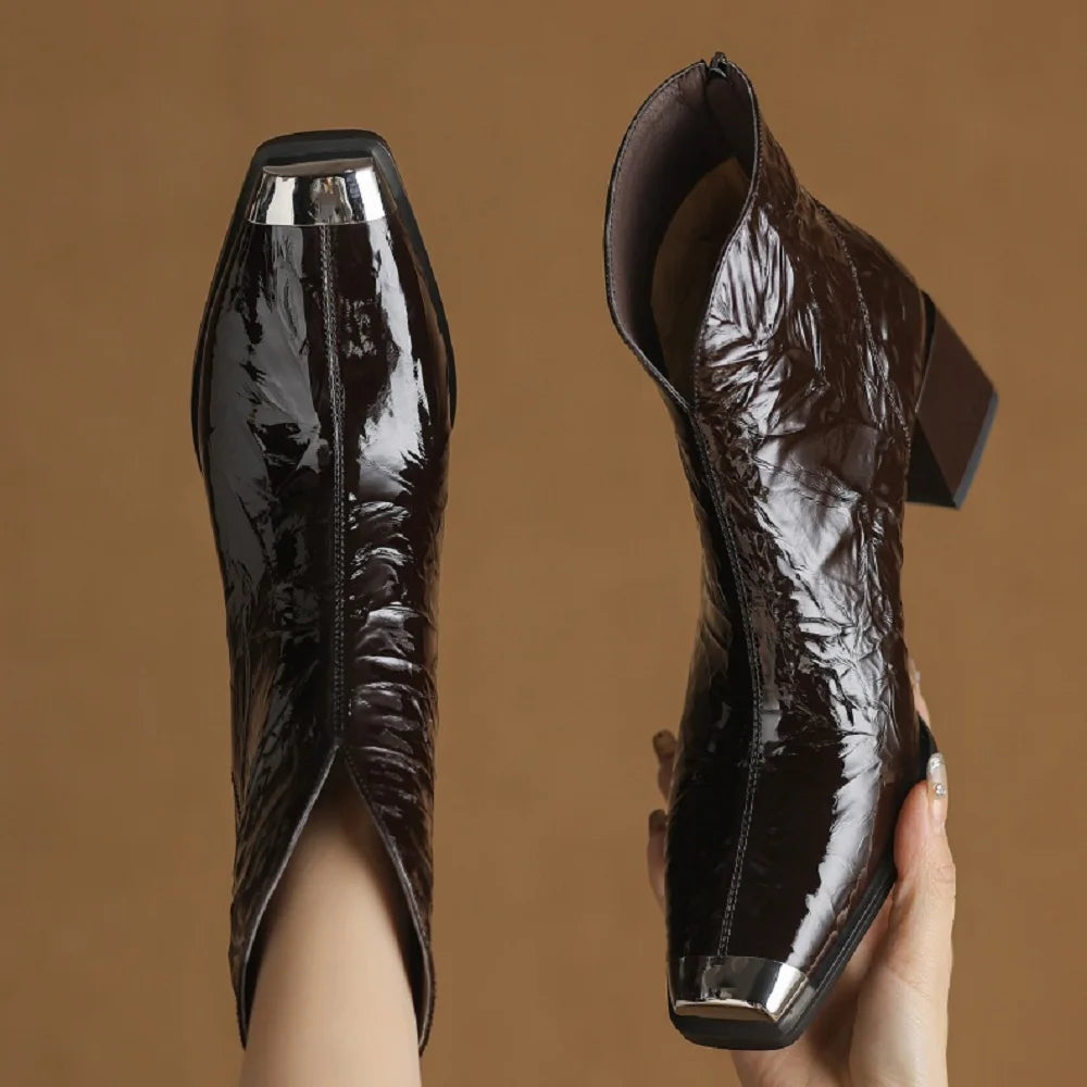 New Brand Handmade Genuine Leather Women Ankle Boots Square Toe  Zipper High Heels Pleated Design 34-40