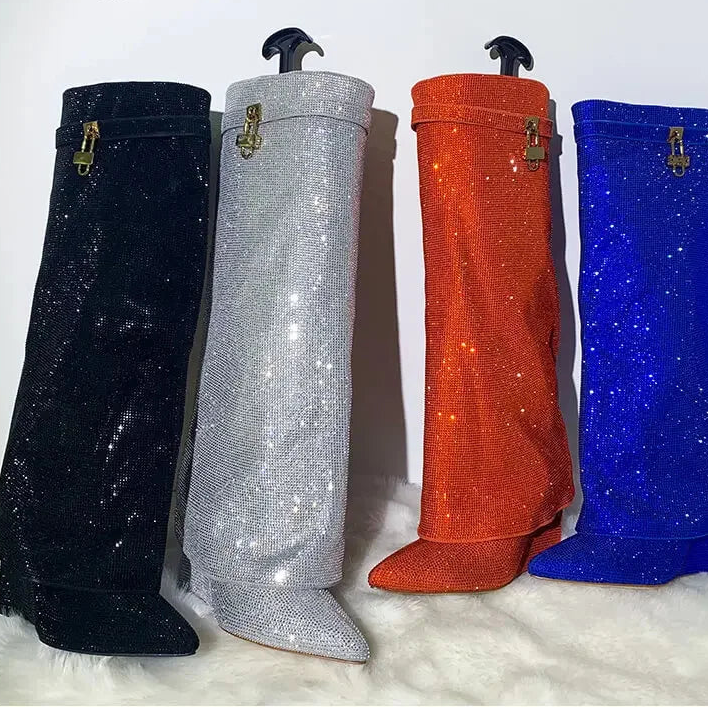 Onlymaker Women Rhinestones Knee High Boots Sexy Party Dress Wedding Shark Lock Bling Buckle Pointed Toe Boots