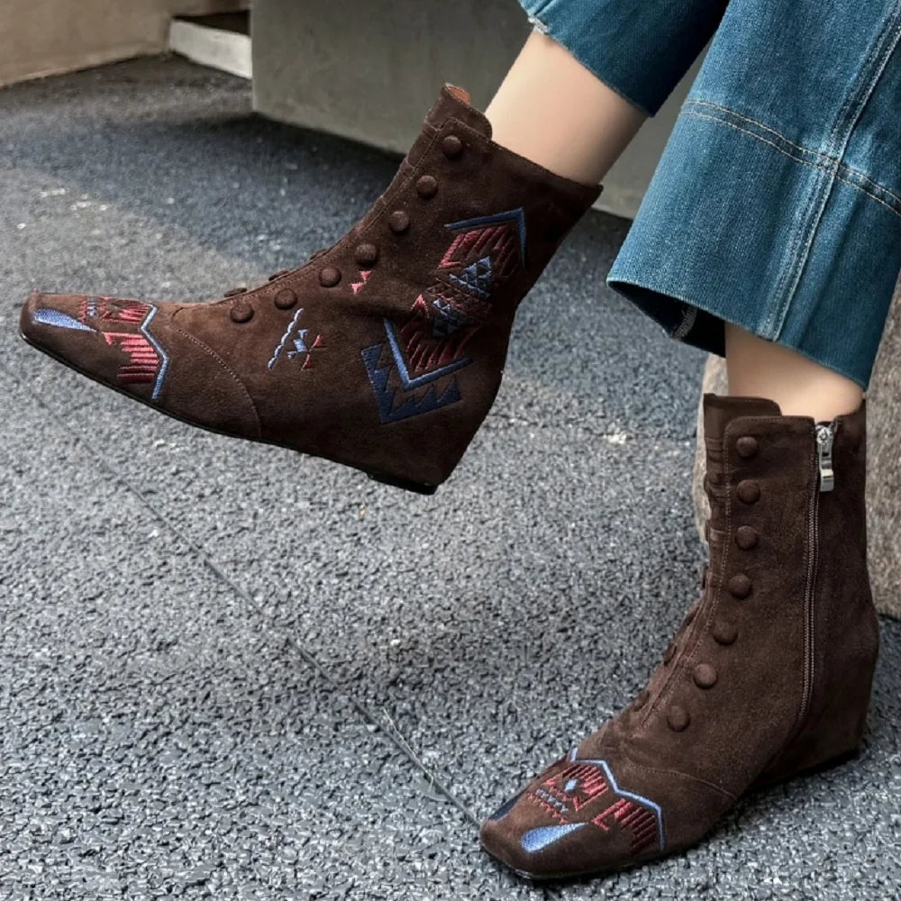 Handmade Genuine Leather Embroidered Boots Tube Low Heel Women Footwear Winter Season Square Toe Slope Heel 33-40