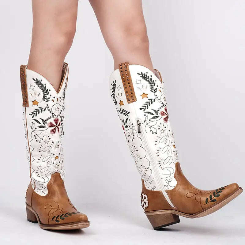Onlymaker Women Pointed Toe Rivet Pull On Knee High Embroidery Western Cowgirl Boots Chunky Heel Embroidery Cowboy Boots