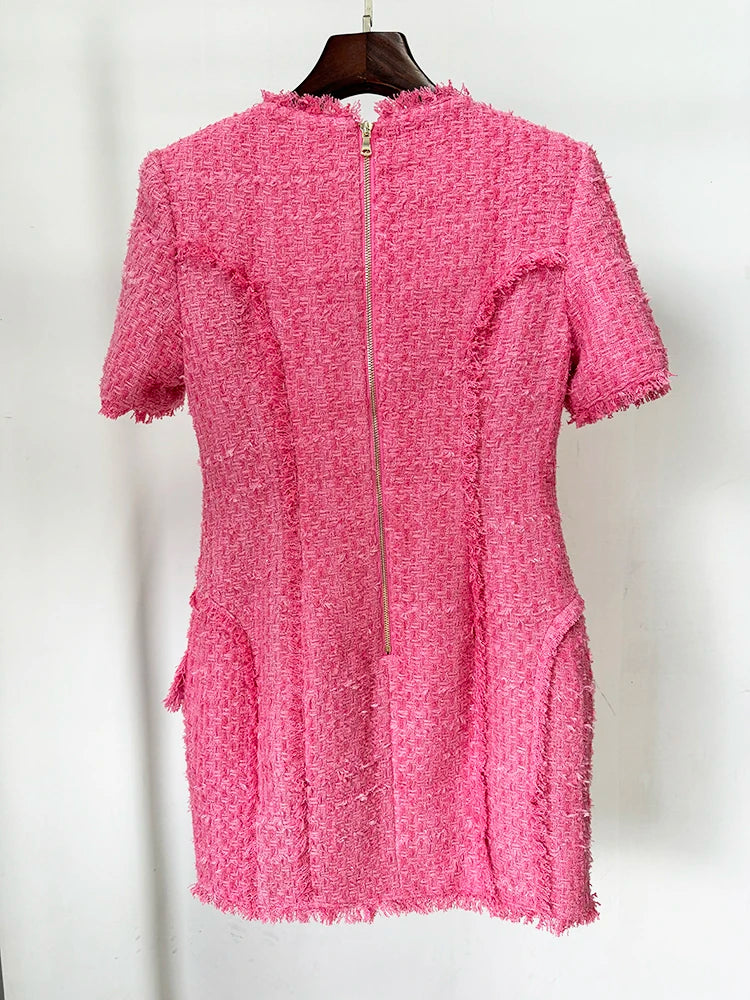 STREET Newest 2026 FW Designer Fashion Women's Short Sleeve Square Collar Lion Buttons Fringed Tweed Dress