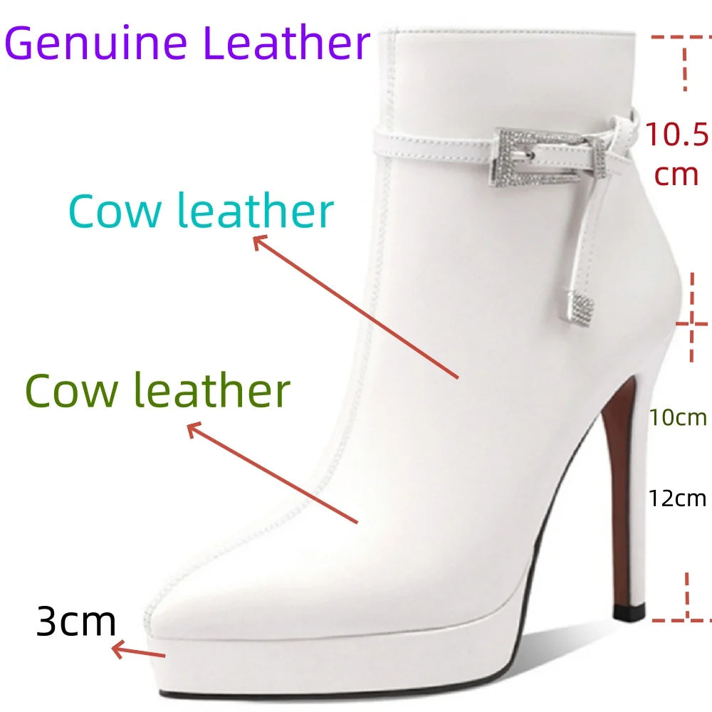 Women Handmade Genuine Leather Ankle Boots Pointed Toe Thin High Heels Short Boots Zip Ladies Shoes 33-40