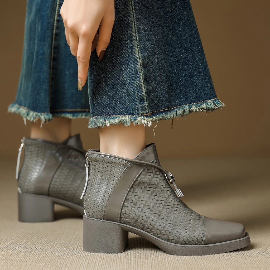 Handmade Genuine Leather Retro Mid Heeled Short Boots Autumn New Square Toe Lace Up Women's Shoes 33-40