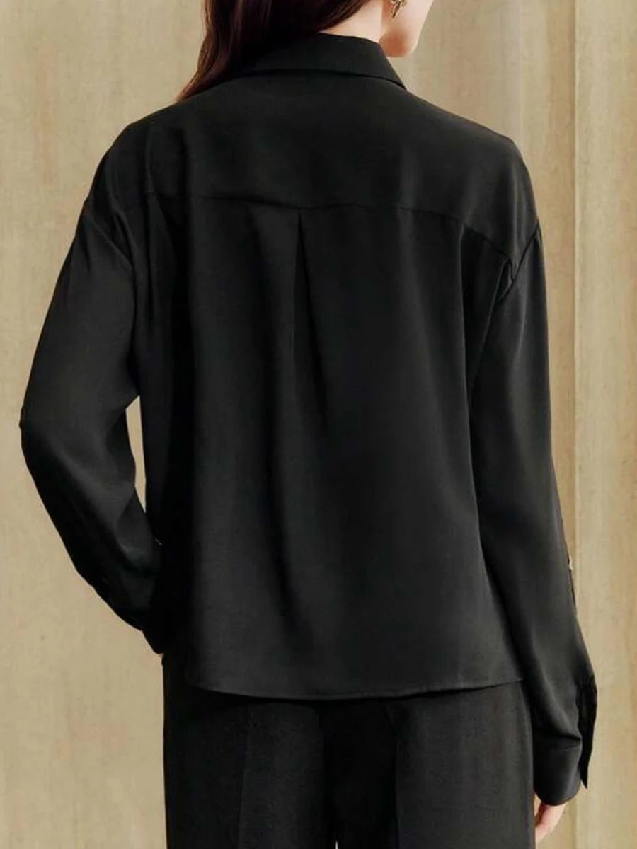 Elegant Business Meetings Black Shirt with Gold Embroidery for Women Spliced Sheer Mesh Slimming Shirts for Luxury Dinners