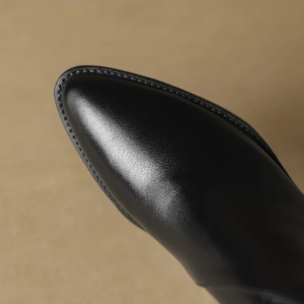 Women Handmade Genuine Leather Pointed Toe Chunky Heel Shoes Casual Zip Ankle Boots Western Boots 34-40