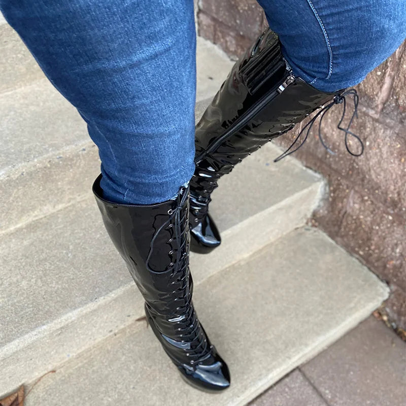 Onlymaker Women Platform Knee High Boots Zip Round Toe Stiletto High Heel Lace Up  Fashion Sexy Patent Leather Winter Boots