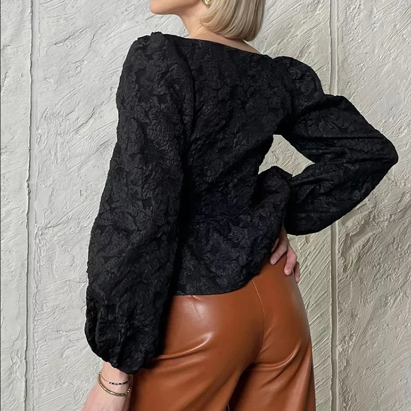 2026 Fashion New Style High-End Jacquard Shirt Square Neck Puff Sleeve Shirt For Women Versatile Long Sleeve Tops 1A1756