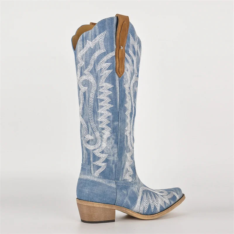 Onlymaker Women Denim Embroidery Knee High Western Boots Mid Calf   Cowboy Boots Retro Side Zipper Embroidered Western Boots