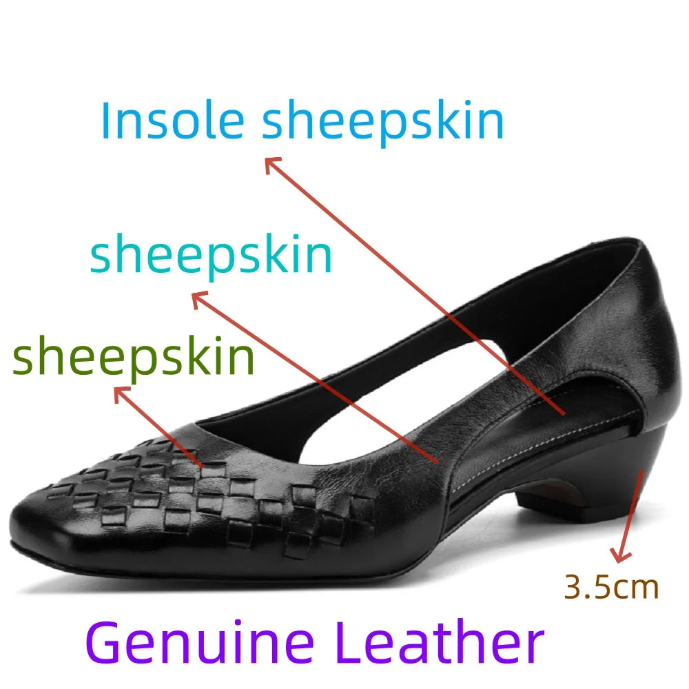 Handmade Genuine Leather Woven Slip-On Bean oes with Mid Heel for Women Comfortable Commuting Footwear 34-40