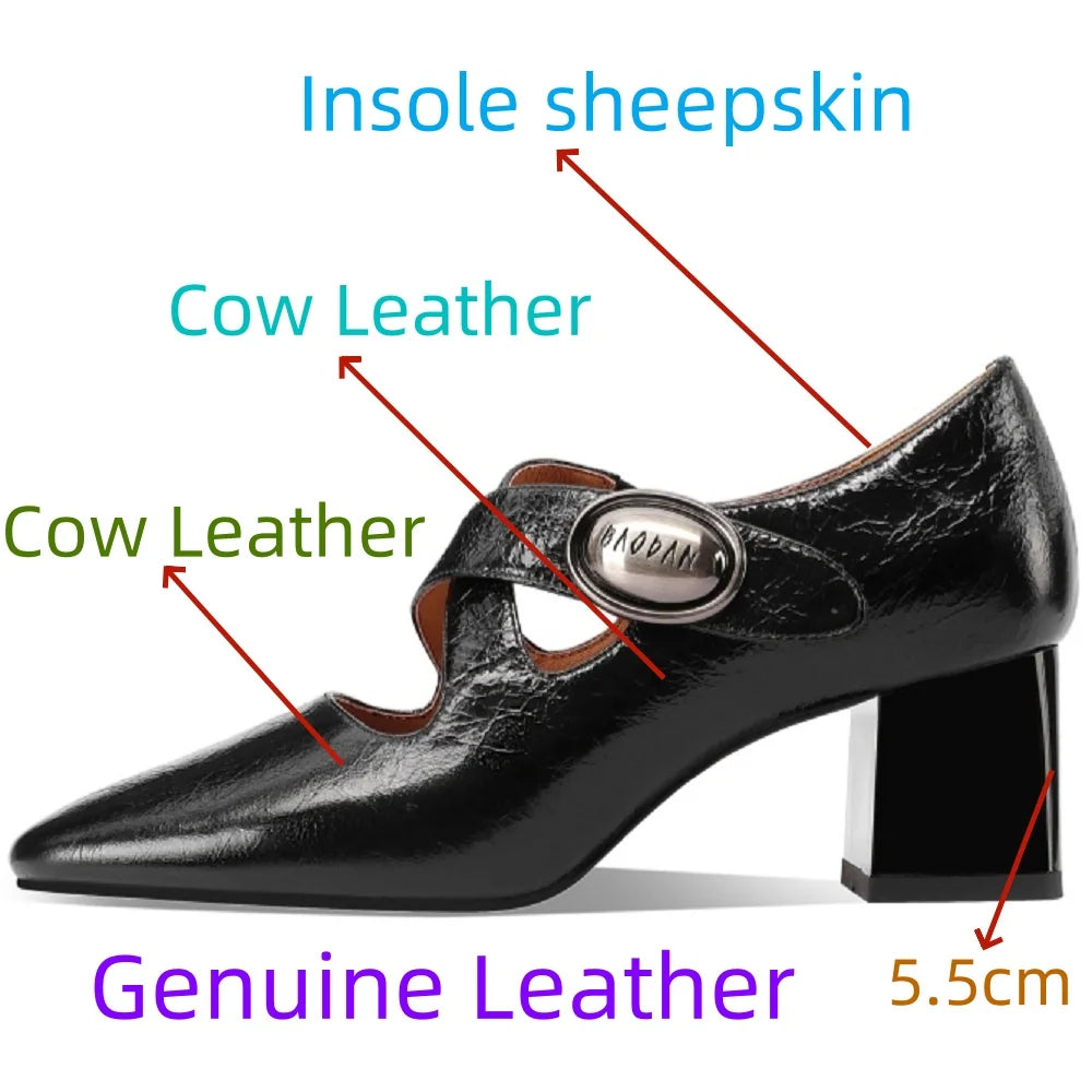 Handmade Brand Genuine Leather Women Cross Elastic Strap Square Mid Heels Formal Dress Prom 33-43