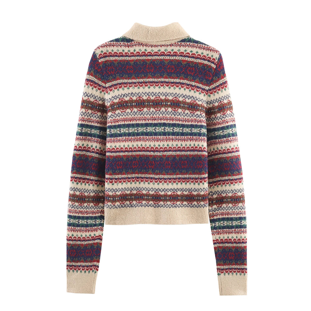 2025 Winter New Arrivals Women's Sweet Loose Crewneck Colorblocked Jacquard Knit Sweater Jacket Pullover