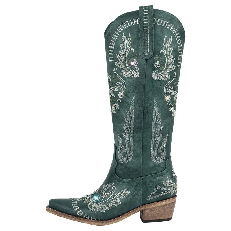 Onlymaker Women Pointed Toe Embroidered White Western Cowboy Boots Block Heel Pull-On Cowgirl Booties