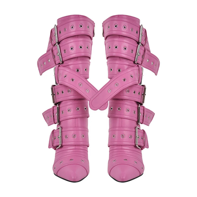 Onlymaker Women Pink Mid-Calf Boots Buckle Strap Thin High Heel Lady Zipper Female Pointed Toe  Stiletto Boots