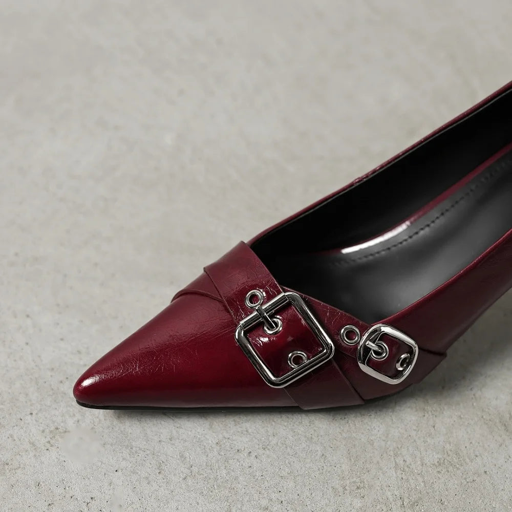 Handmade Genuine Leather Mid Heels Women Shoe Footwear Pointed Toe Party Ladies Shoes Buckle Strap Female Pump
