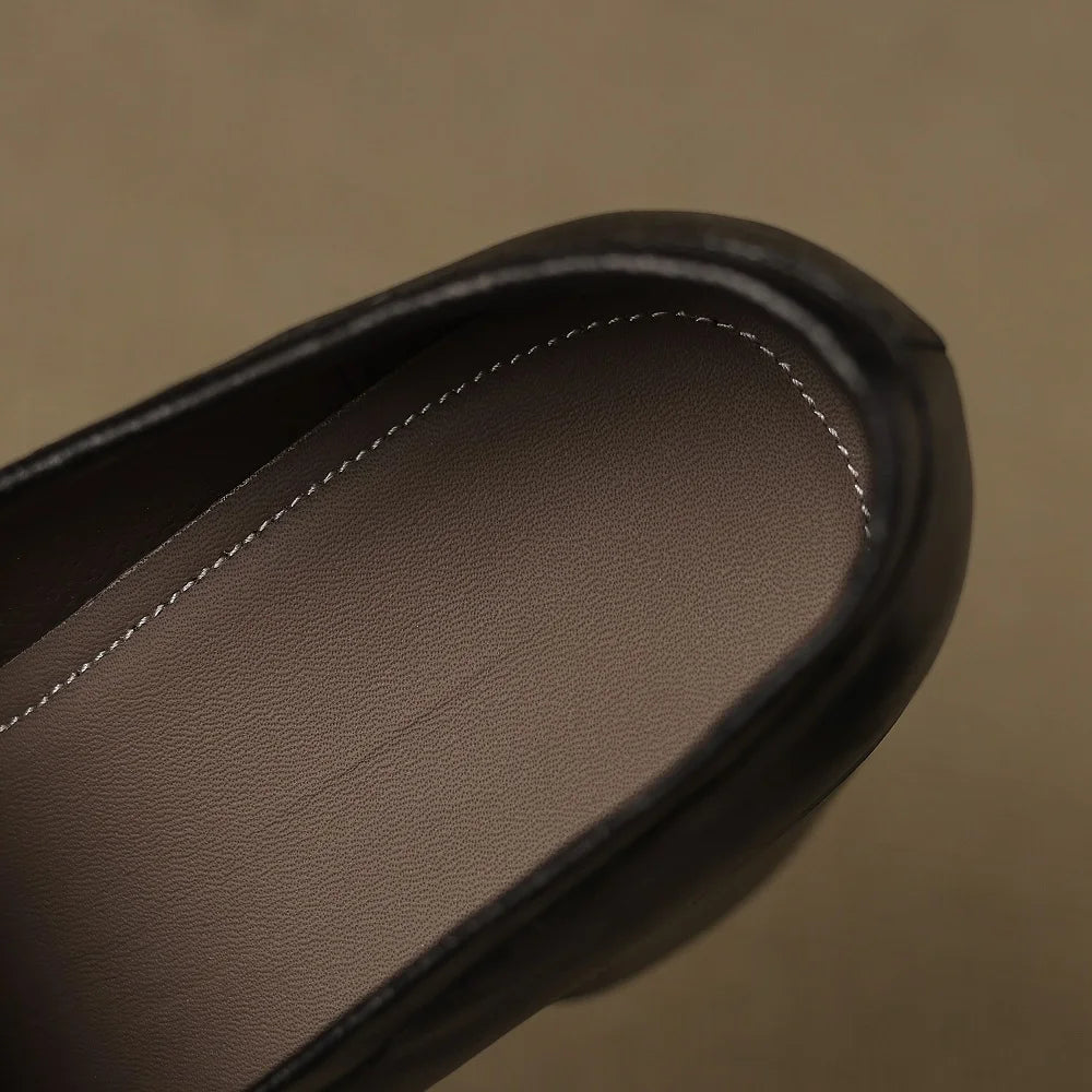 Vintage Soft Genuine Leather Shoes Women Loafers Spring Thick Sole Platform Shoes Single for Office Work 34-40