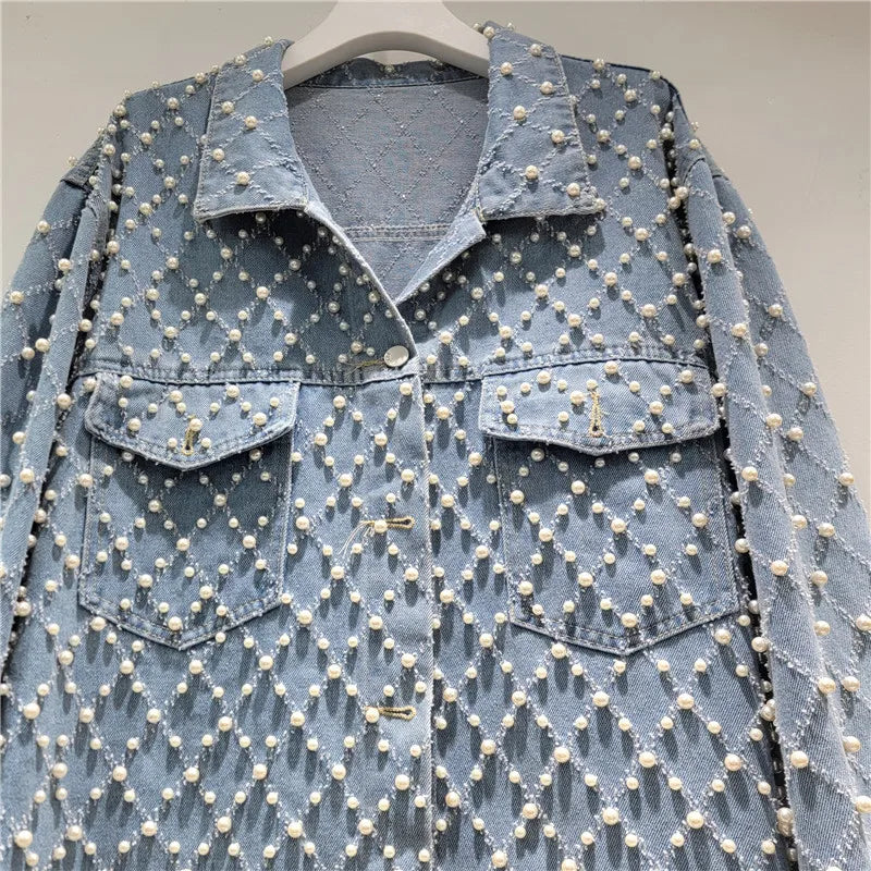 2026 Jeans Jacket Spring New Loose Heavy Beaded Denim Jacket For Women Trendy Long Sleeve Lapel Single-breasted Coat Female 11A08646