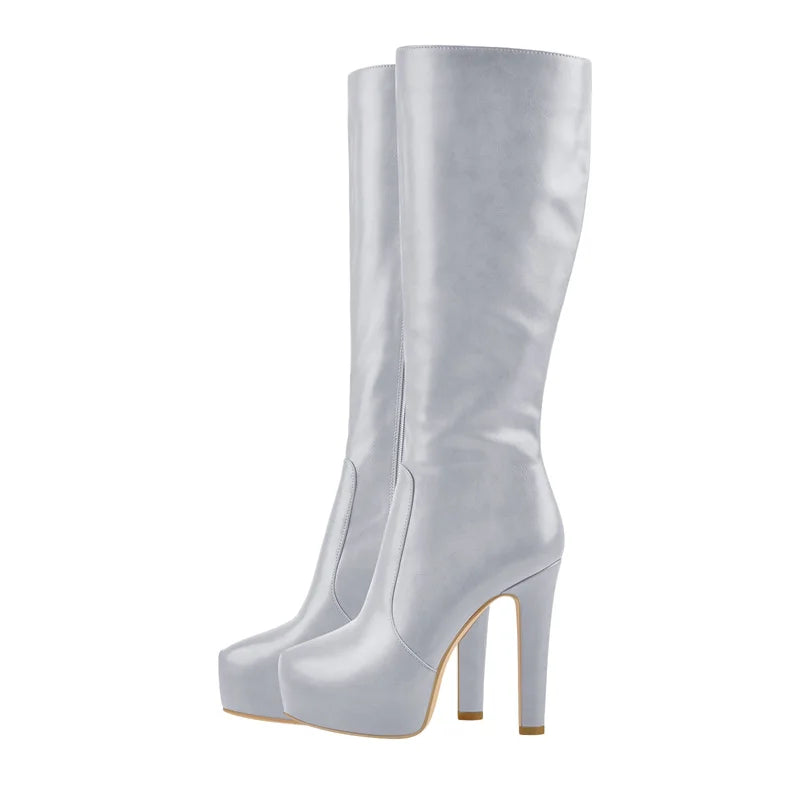 Onlymaker Women Knee High Boots Round Toe Black Matte Leopard  White Side Zipper Winter Fashion Party Dress Big Size Boots