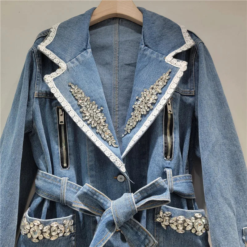 2026  Jeans Jacket Fashion Style Rhinestone Zipper Denim Jacket For Women Turn-down Collar With Belt Waist Versatile Coat Female 11A08647