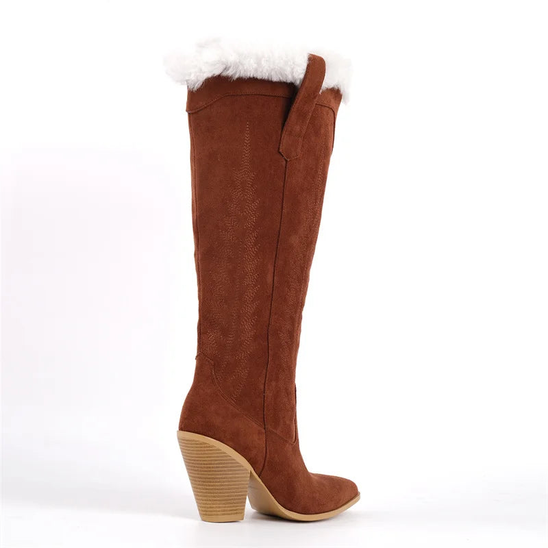 Onlymaker Women Pointed Toe Side Zipper  Retro Western Cowgirl Boots Fringed Chunky Heel Faux Fur Fashion Cowboy Boots