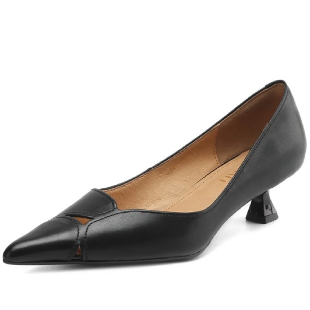 Handmade Genuine Leather Mid Heels Women Pointed Shallow Mouthed Single Shoes Attendant Formal Work Shoes 33-40