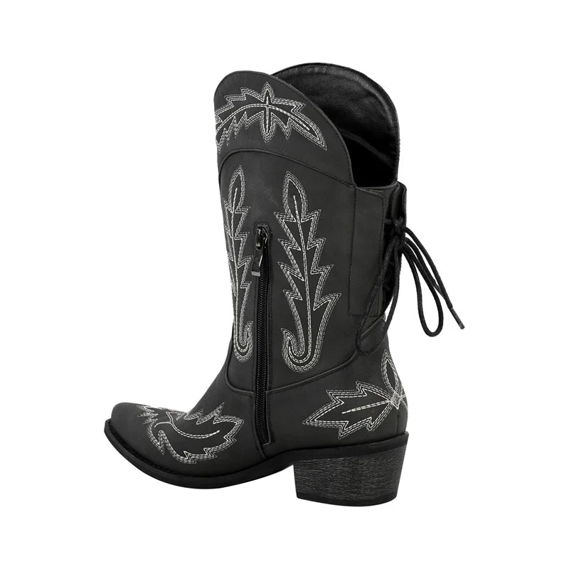 Women Pointed Toe Black Embroidery Western Boots Tapered Heel Round Up  Mid-Calf Western Cowgirl Boots