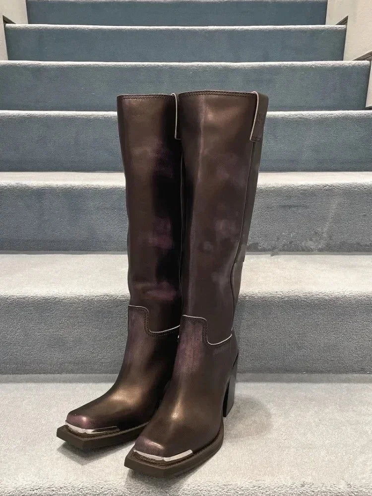 2026New Advanced Metal Square Head Women's Knight Boot Thick High Heel Sleeve Versatile Comfortable Women's Long Boots