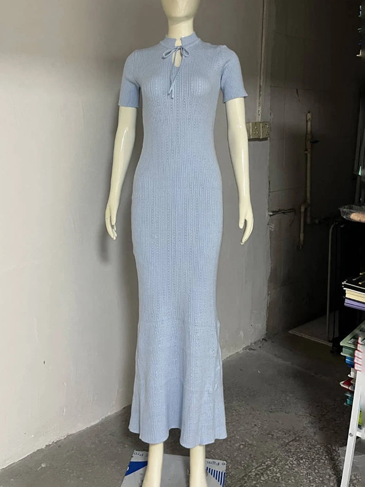 TARUXY Short Sleeve Knitted Long Dress Female Slim Hollow Retro Elegant Sweater Dress 2026 Summer New High Waist Women‘s Dress