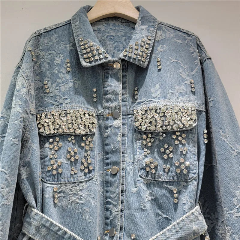 2026 Jeans Jacket Spring New Style Heavy Industry Diamond Design Jacquard Mid-Length Denim Jacket For Women With Belt Coat 11A08466