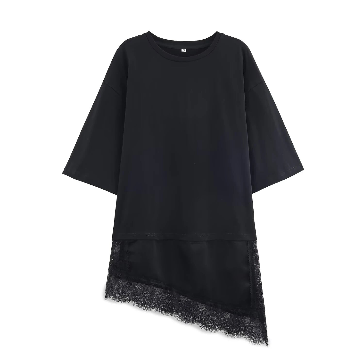 2025 Winter New Women's Cotton Spinning Round Neck Short Sleeve Asymmetric Hemp Splicing Lace Decoration T-shirt