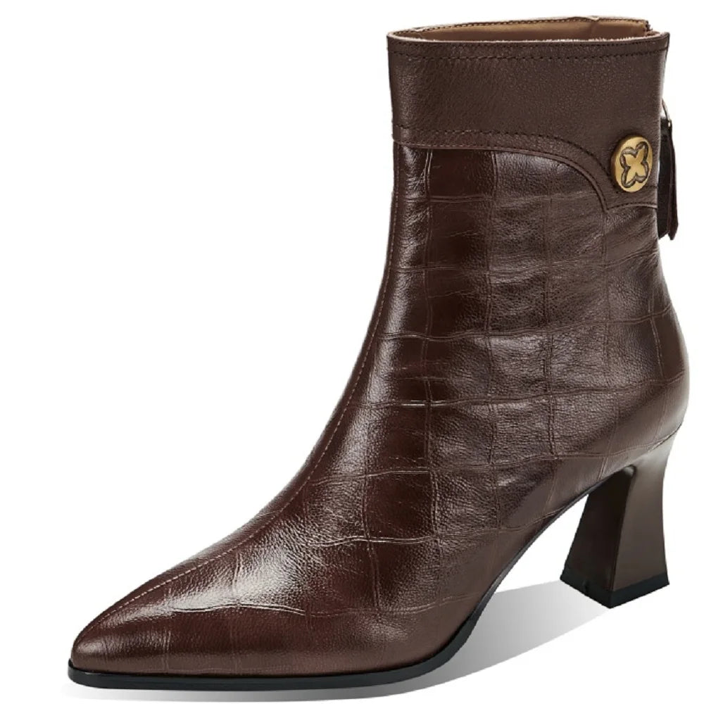 Women Handmade Genuine Leather Soft and comfortable Pointed Toe Chunky Heel Boots 34-40