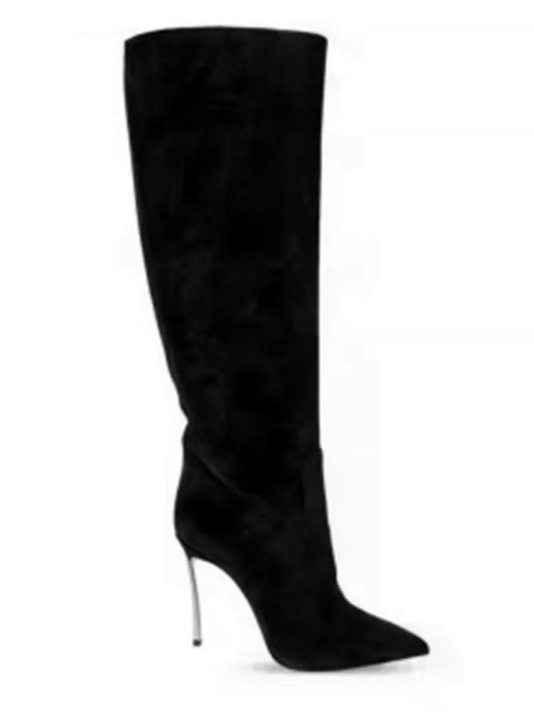 Autumn and Winter Women's New Suede High Heels Knee Length Women's Boots Fashion Pointed 34-46 Large Medium Top Boots