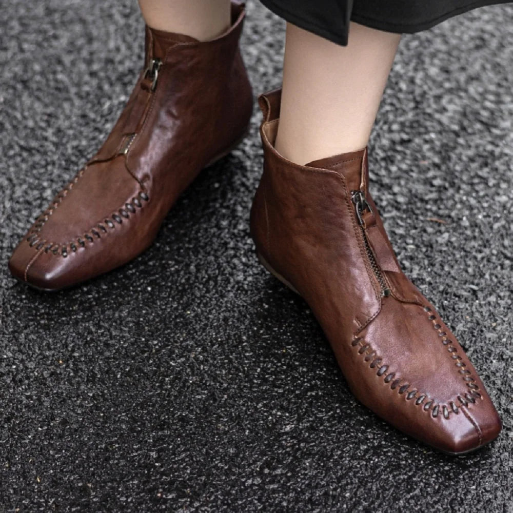 Women Handmade Genuine Leather Mid Heel Modern Soft and comfortable Ankle Boots Daily Shoes Zipper Boots 34-40