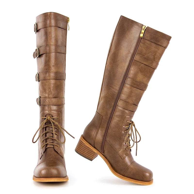 Women Round Toe Knee High Boots Boot Matte Brown Thick Heels Zipper Winter Big Size Buckle Boots