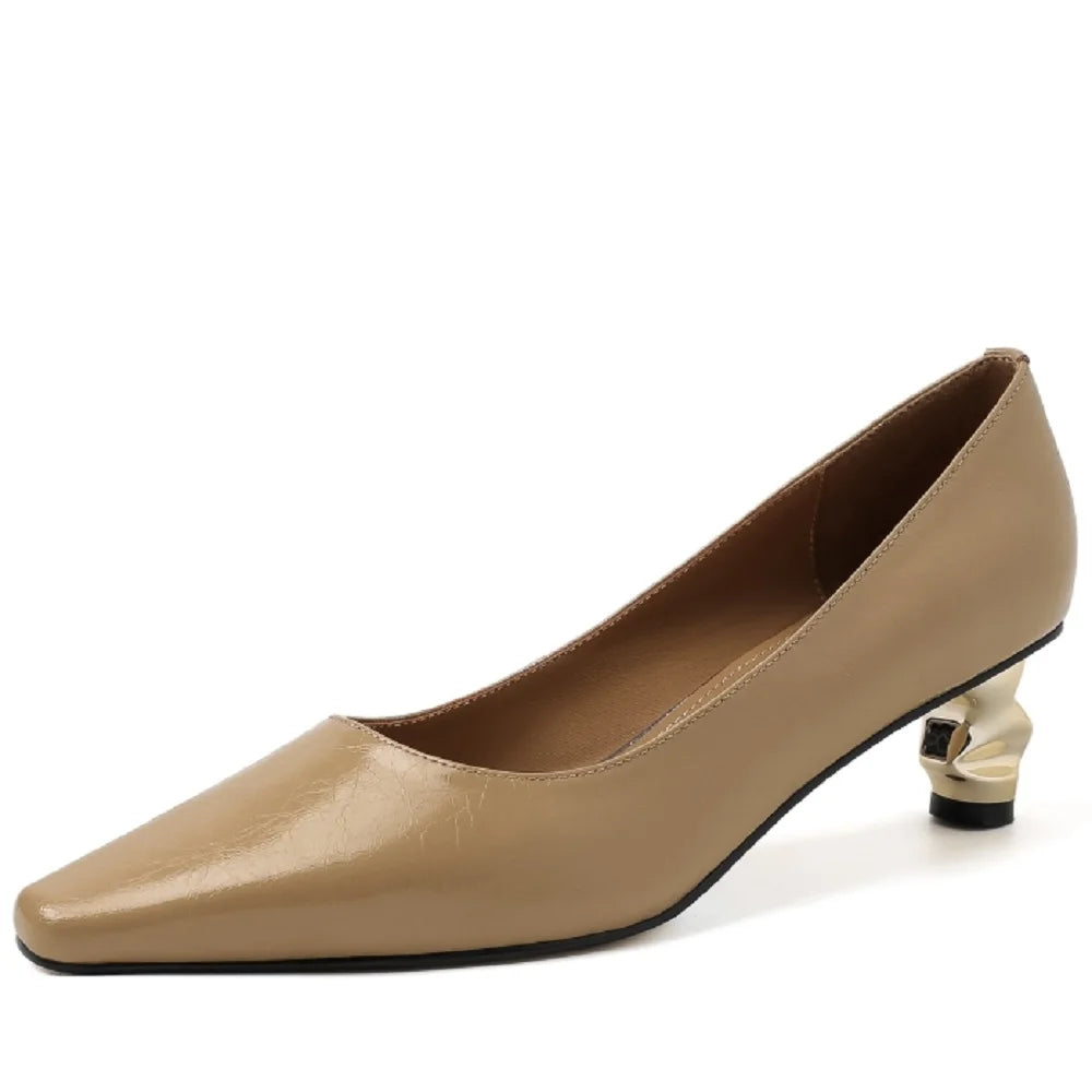 Bright Golden Mid Heels Handmade Genuine Leather Soft and comfortable Mature Lady Daily Office Pumps 33-40