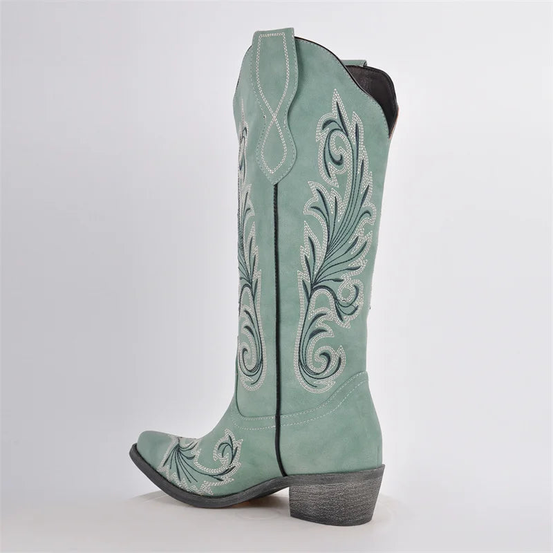 Onlymaker Women Embroidered Pull-on Cowboy  Western Boots  Mid Calf Block Heels Cowgirl Boots