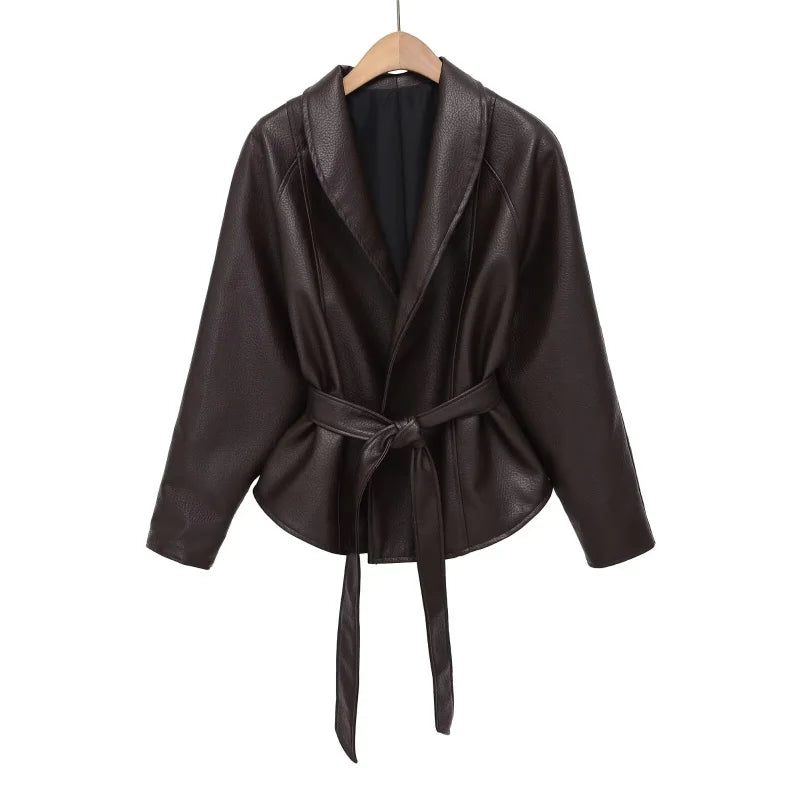Women's PU Leather Vintage Wrap Jacket Belted High Neck Short Coat 2026 Spring Minimalist Retro Urban Fashion Outerwear
