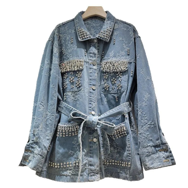 2026 Jeans Jacket Spring New Style Heavy Industry Diamond Design Jacquard Mid-Length Denim Jacket For Women With Belt Coat 11A08466