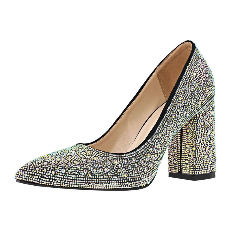 Women Rhinestone Pointed Toe Chunky Heel Pumps Slip On Thick Heel Wedding Office Dress Big Size Lady Shoes