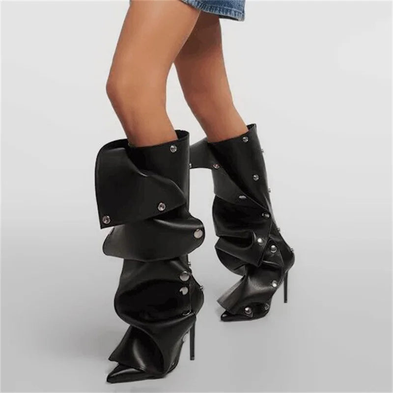 Onlymaker Women Pointed Toe Pleated Thin Heel Knee High Boots Back Zipper Fashion Buttons Stiletto Removable Boots