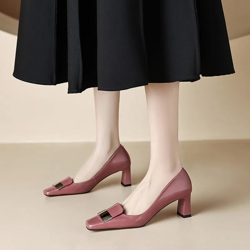 2026 Real Patent Sheepskin Leather Pumps For Women Square Toe Metal Dec Slip On High Heels Office Lady Dress Shoes