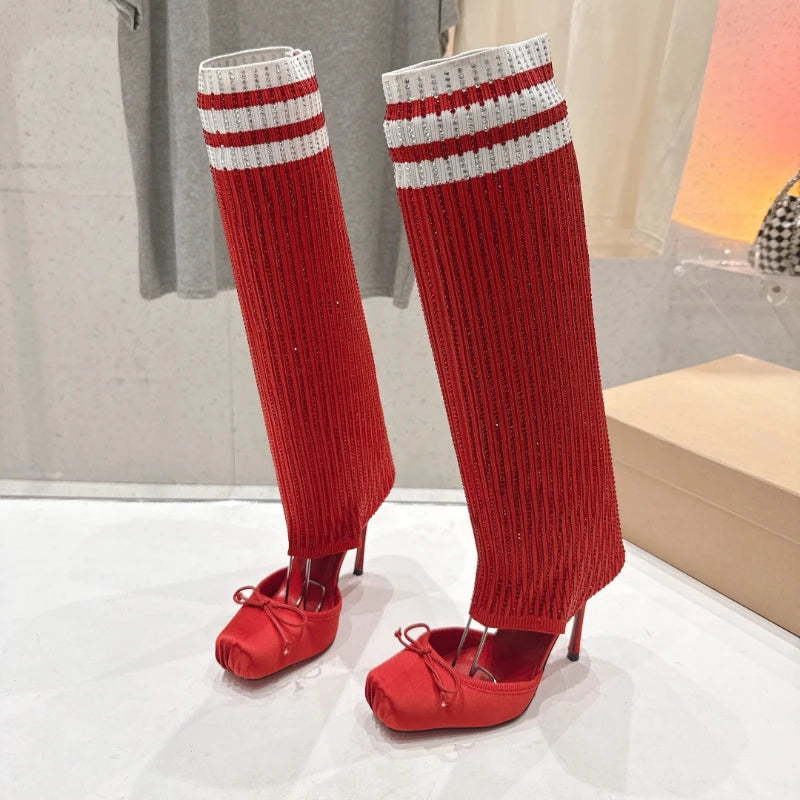 European and American Women's Fashion Square Toe, Slim High Heels, Personalized Pants Legs, Socks, Full Diamond Runway Shoes