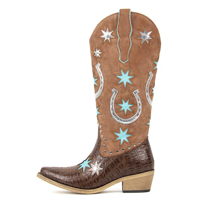 Onlymaker Women Embroidery Star Western Cowgirl Boots Pointed Toe Side Zipper Knee High with Chunky Heel  Boots