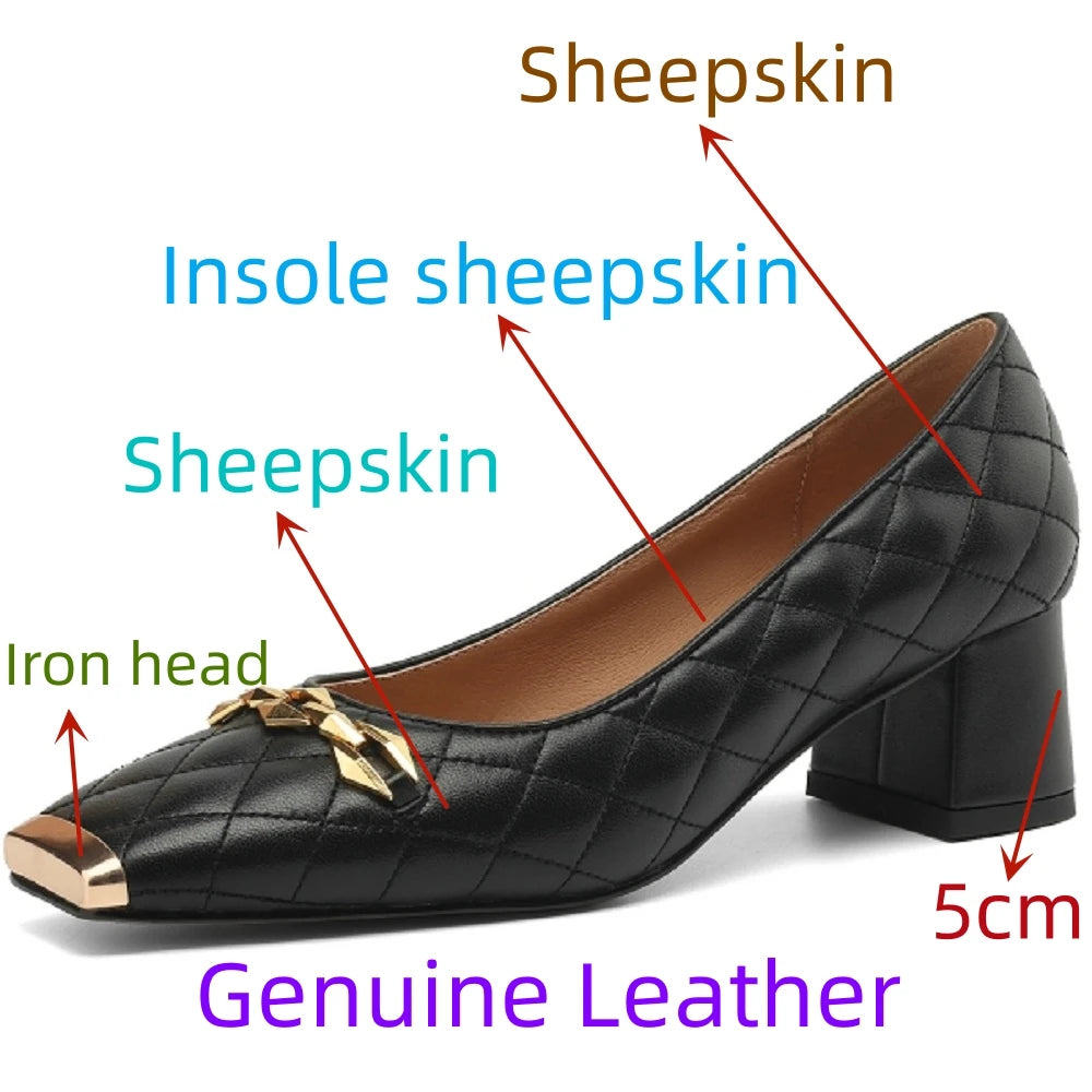 New Arrival Chain Design Genuine Leather Mid Heel Shoe Spring Fashion Leisure Club Party Wedding Women Heels Shoe