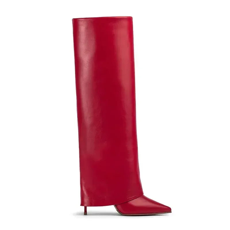 Autumn and Winter New Women's Knee High Leather Boots, Pointed Thin High-heeled Skirt Boots, Black Plus Size Long Boots