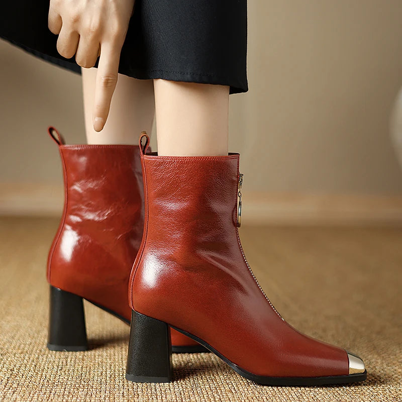 Women Handmade Genuine Leather Ankle Boots Metal High Heels Shoes Winter Square Toe Dress Lady Short Boots 34-40