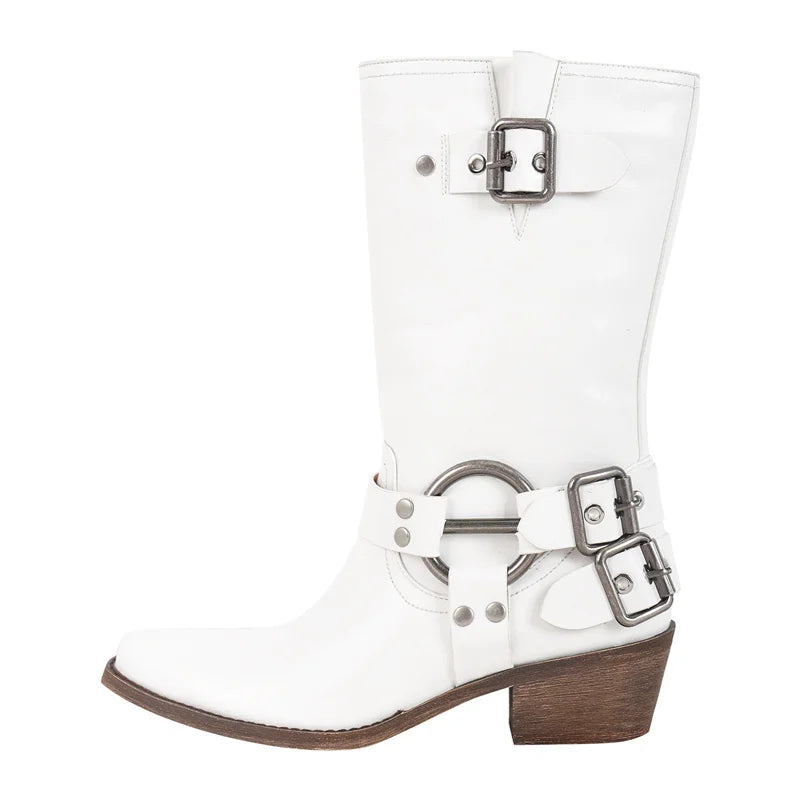 Onlymaker Women Pull on Metal Decor Buckle Low Block Heels Boots Wide Knee High Riding Cowgirl Harness Western Cowboy Boots
