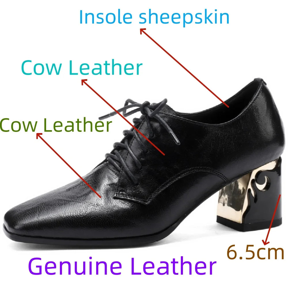 New Handmade Brand Genuine Leather Women Shoes Square Toe Shoes Chunky Mid Heel Shoes Zapatos Mujer 34-43