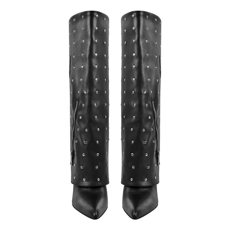 Women Pointed Toe Fold Over Mid-Calf Trouser Tube Slip-On Boots Classic  Pointed Toe Thin High Heels Boots