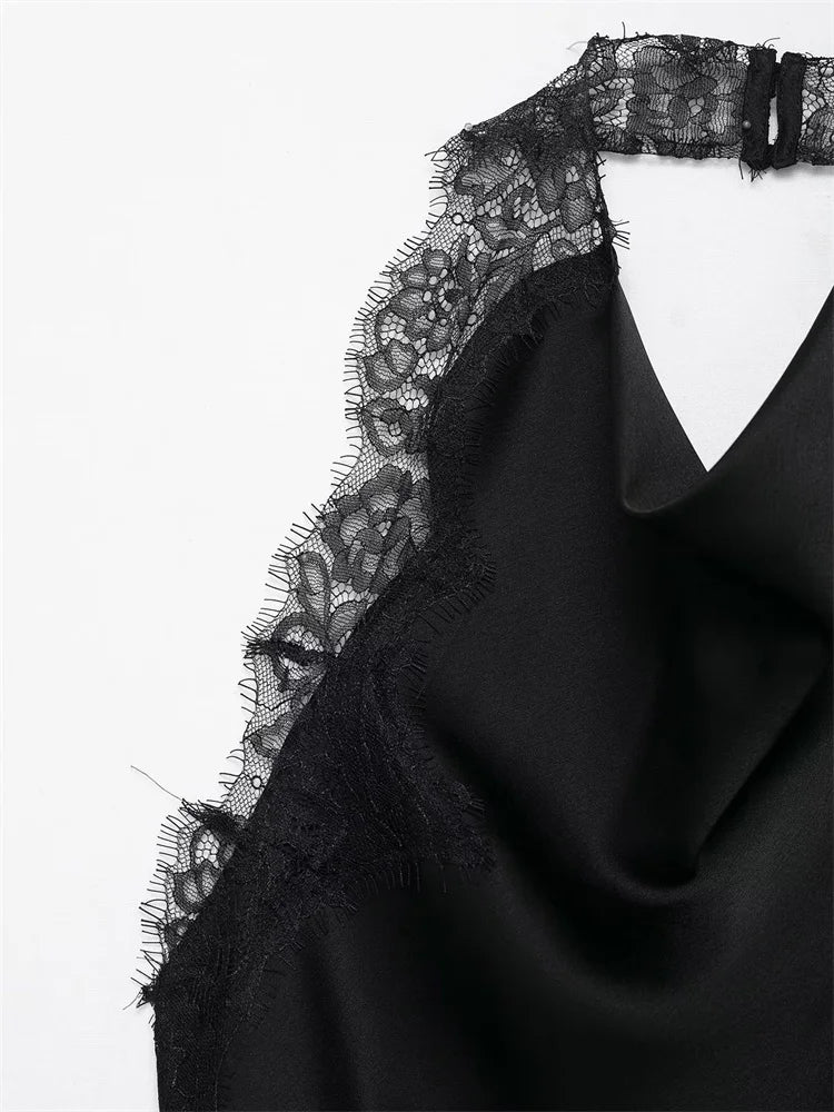 Black Lace Sexy Tank Top For Women Patchwork Backless Slim Summer 2026 New Solid V-Neck Cropped Top Female Halter Top Vest